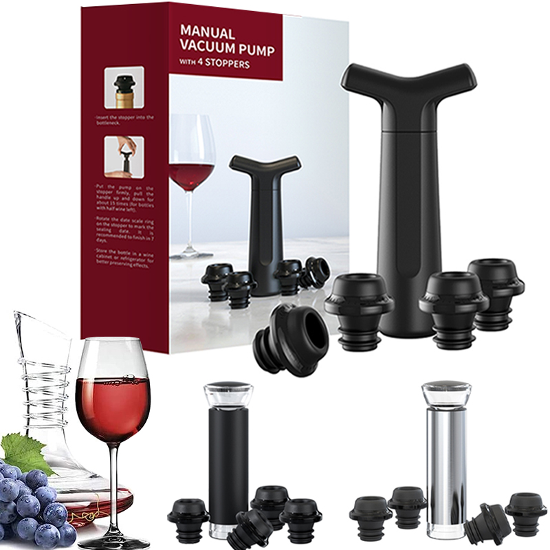 Wine Preservation Pump - 真空ワインストッパー 真空ポンプ手動ワインストッパー 4つの再利用可能なワインボトルストッパー付き シーラーはワインを7日間新鮮に保ちます