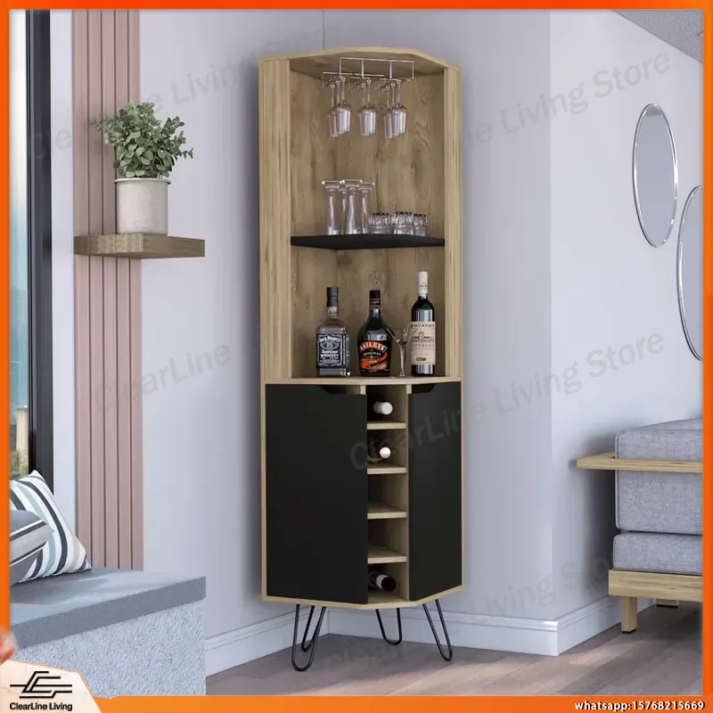 Home Bar Shelves - コーナーバーキャビネット、6つのワインラック内蔵、家庭用バー収納用、モダンな木製バーキャビネット、棚と扉付き