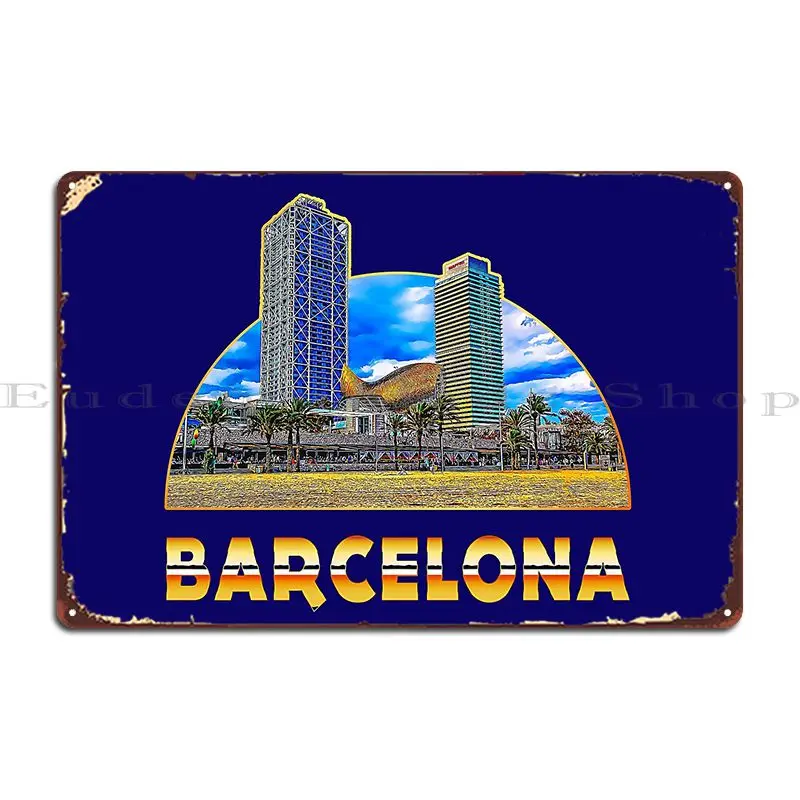 Home Barcelona - スペイン、バルセロナのビーチにある高層ビル メタルサインプリント クラブクラブ ホームウォール ケイブ ブリキサインポスター