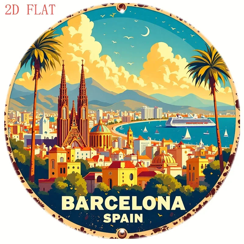 Home Barcelona - ラウンド8インチ バルセロナ スペイン風景 メタルサイン 2Dフラット 簡単に壁掛けできる装飾品