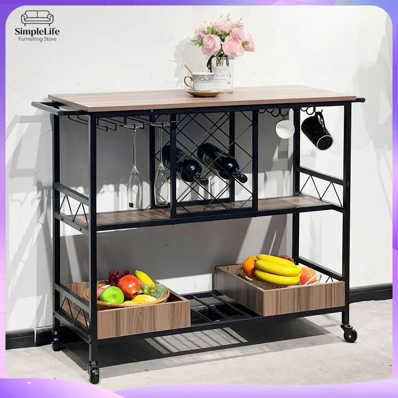 Home Bar Shelves - 多機能キッチンカート、収納棚付き、調理、ベーキング、食品の準備、お茶、コーヒー、バー、家庭用ローリングトロリー