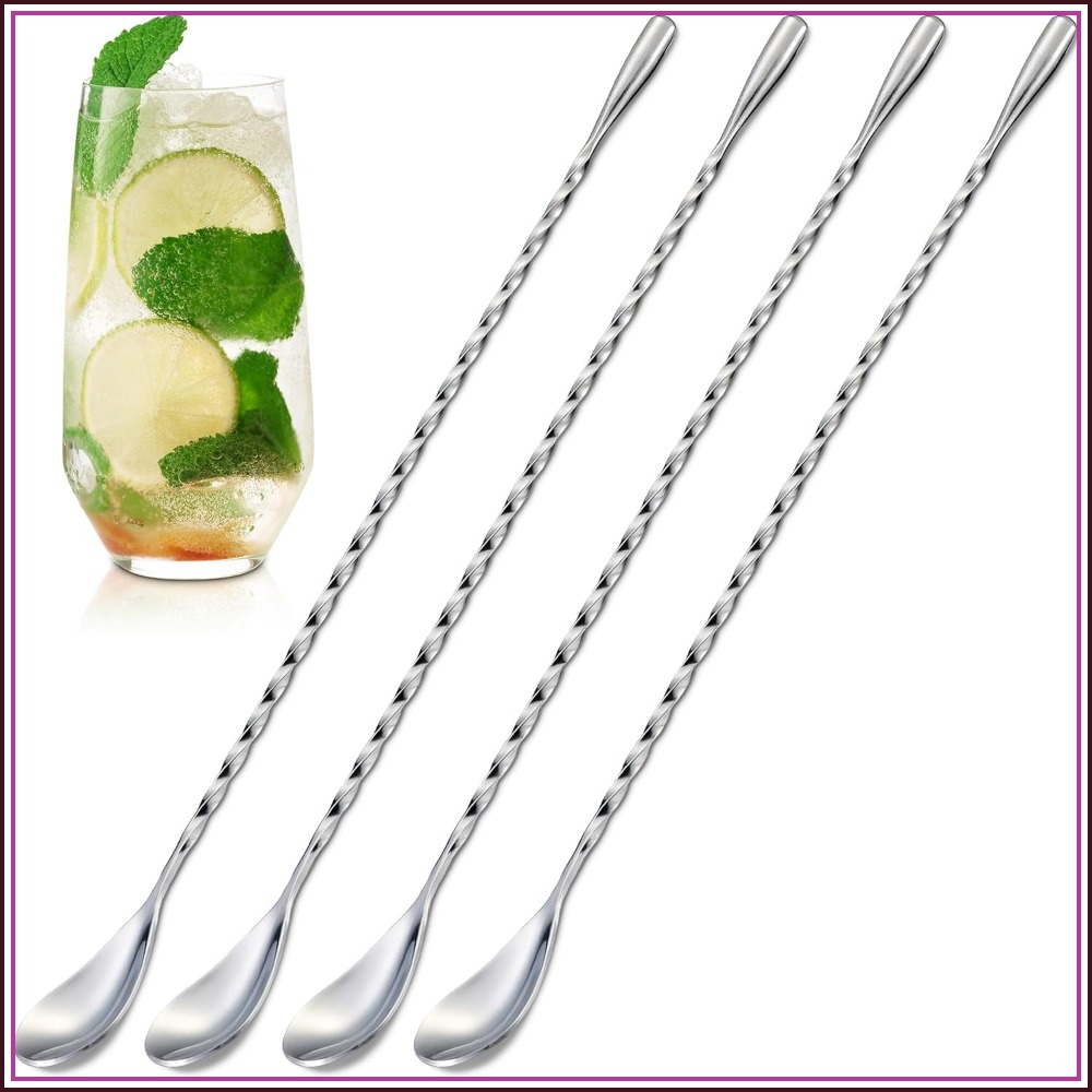 Bar Spoon Twisted - バースプーン4本セット、長さ12インチ、18/8ステンレススチール製カクテルスティラー、スパイラルツイストデザイン、耐腐食性、コーヒー、紅茶、ダーティーソーダ、ホームバー、ギフトに最適