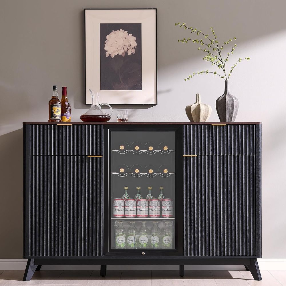 Home Bar And Fridge - 60コーヒーバーキャビネット、ミニ冷蔵庫スペース付き、ブラック＆ウォールナット、内蔵充電機能、3つのステムウェアラック、2つの引き出し、2つのキャビネット、ホームB