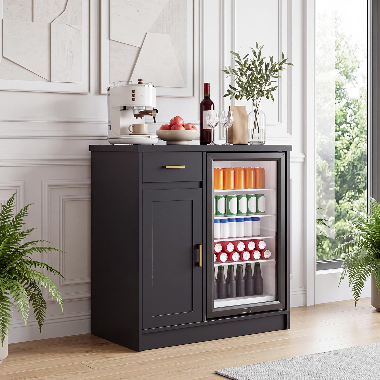 Home Bar And Fridge - 42インチのファームハウス風ワインバーキャビネット、24インチのミニ冷蔵庫用、2つのコンセントと2つのUSBポート付きコーヒーバー、引き出しと扉付き収納サイドボード