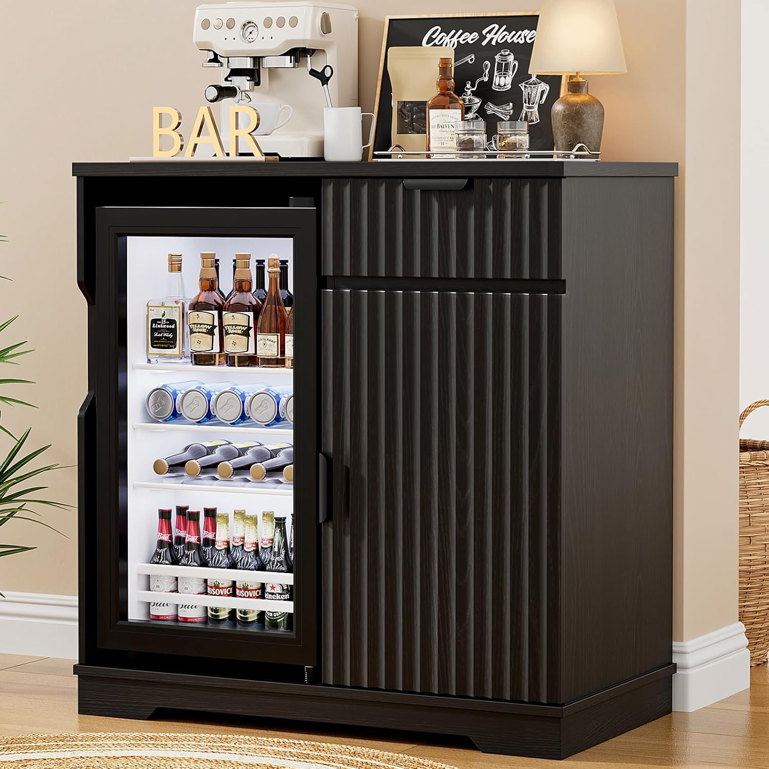 Home Bar And Fridge - 溝付きコーヒーバーキャビネット、ミニ冷蔵庫プルアウトドロワー付き、31.5インチワイン・リキュール収納、家庭用キッチン・ダイニングルーム、ブラック、カスタマイズ可能
