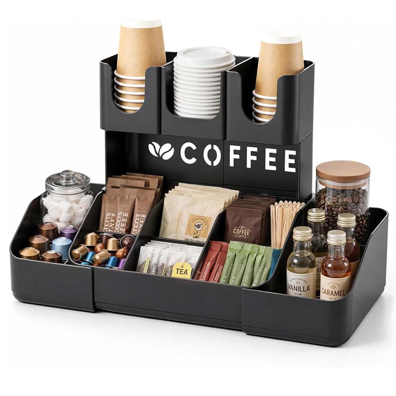 Home Bar Setup - 2段式コーヒーステーションオーガナイザー、カウンタートップ、オフィス、家庭用、11コンパートメント、プラスチック製コーヒーバーオーガナイザー、カップ、ポッド、砂糖用