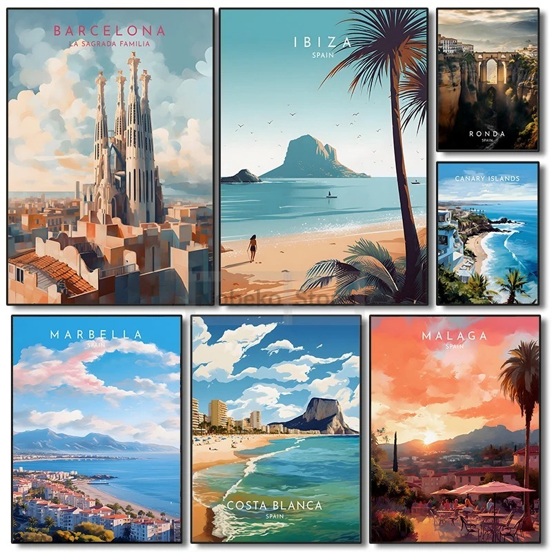 Home Barcelona - スペイン旅行ポスターバルセロナマラガイビサロンダランサロテ水彩プリントキャンバス絵画壁アート写真ホームルームの装飾