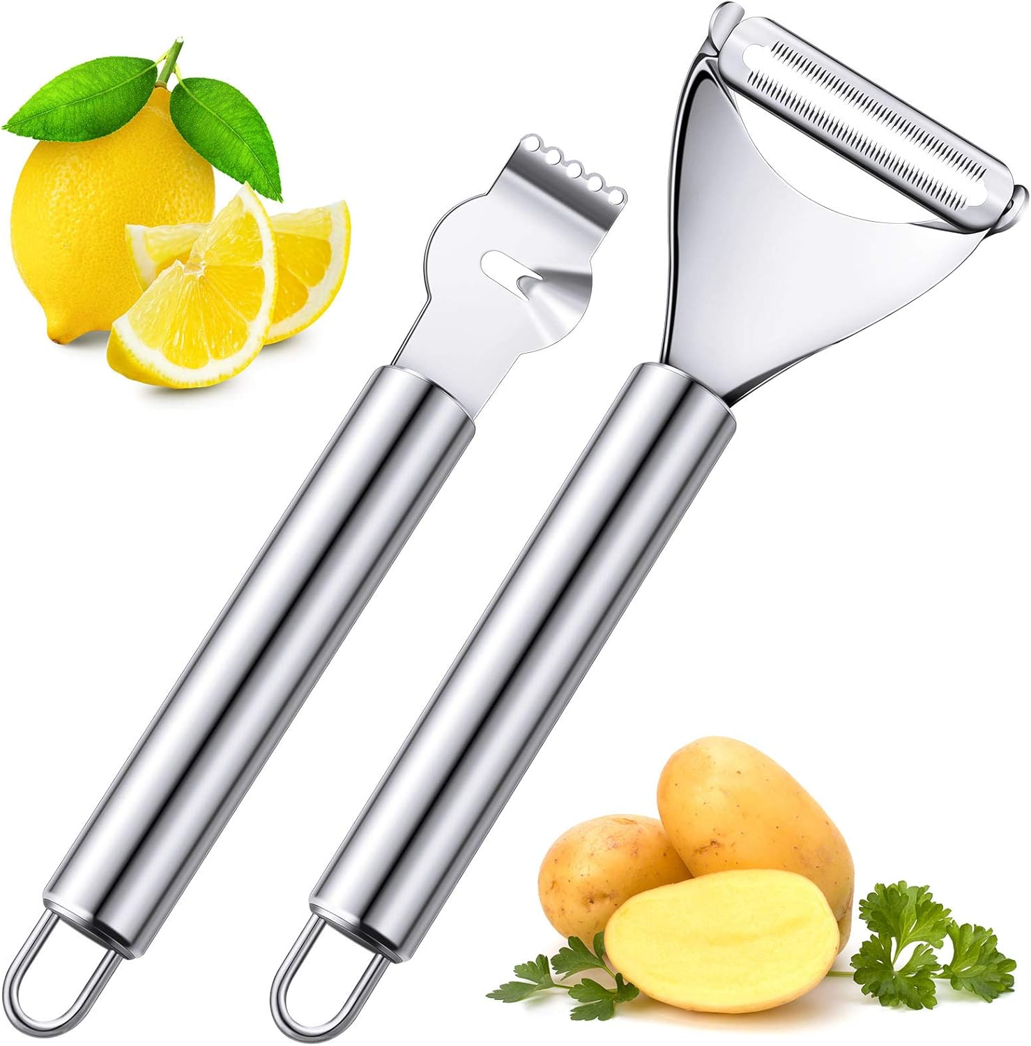 Peeler Channel Knife - 2ピースステンレス製レモンシトラスピーラー、チャンネルナイフ付き、オレンジレモンピーラー、カクテル用フルーツグレーターゼスターツール