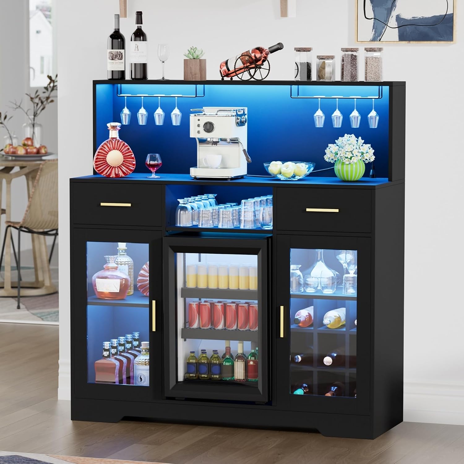 Home Bar And Fridge - ミニ冷蔵庫付き収納キャビネット、LEDライトと電源コンセント付き家庭用ワインバーキャビネット、カスタマイズ可能なコーヒーバーキャビネット