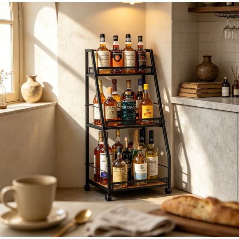 Home Bar Shelf - 3段式ラダーワインラック自立型フロアステップシェルフ（ホームバー用）-省スペース多用途ボトルホルダー（様々な形状に対応）