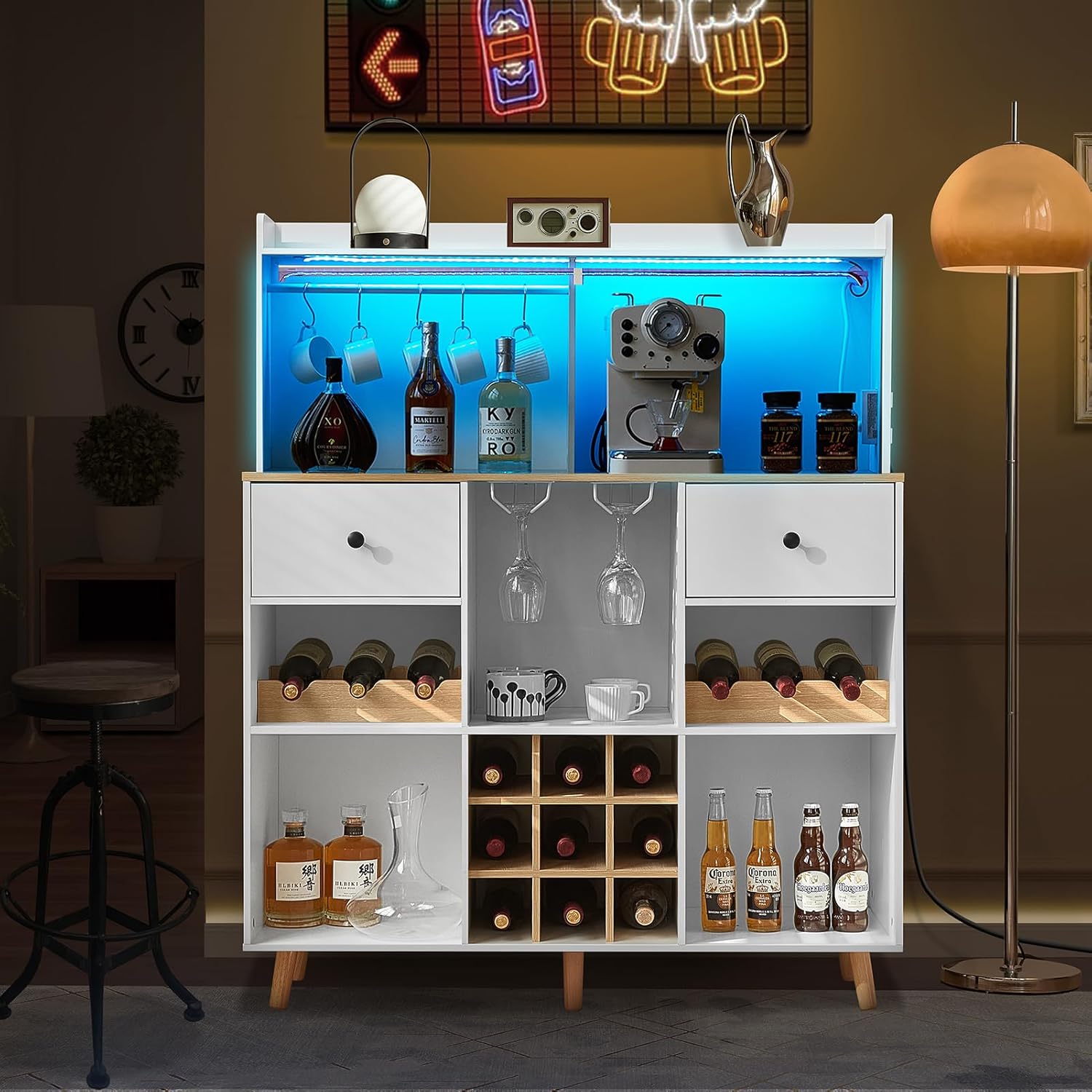 Home Bar Shelves - 電源コンセントとLEDライト付きワインバーキャビネット、引き出しと取り外し可能な棚付きバーストレージキャビネット、カスタマイズ可能
