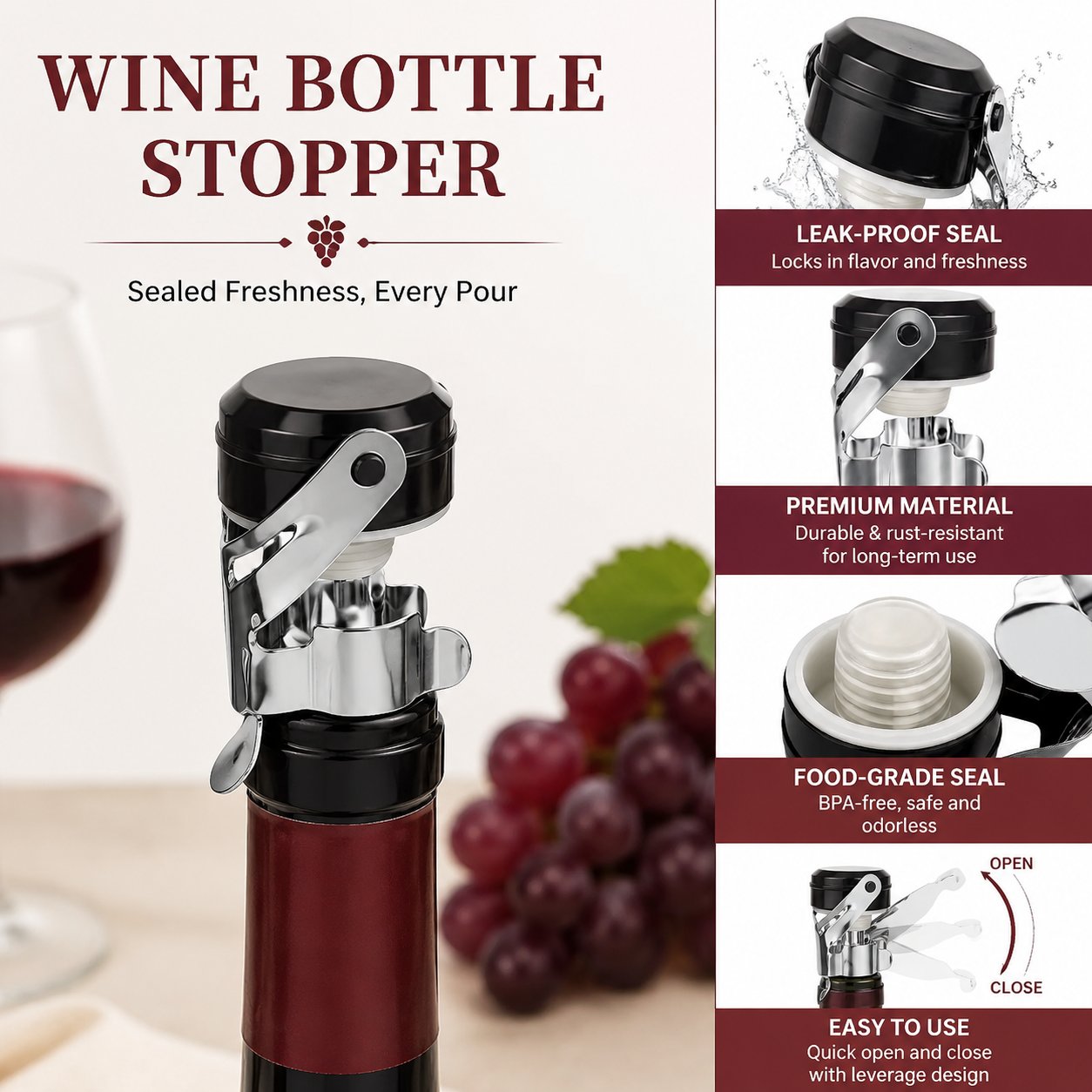 Wine Preservation Pump - Cabilock 3 個ステンレス鋼ボトルシーラープレミアムストッパー カバスパークリングワイン用 圧力ポンプ付き 漏れ防止