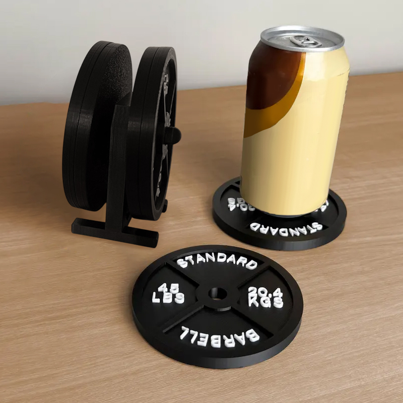 Home Bar Set - ウェイトプレートコースターセットホルダー ドリンクコースター ブラックコースター4枚付き ホット/コールドドリンク用 バー、家庭、キッチン、フィットネスジム用