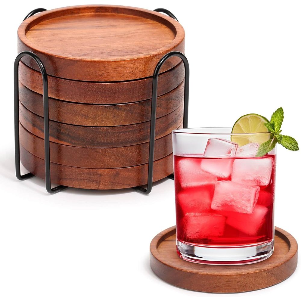 アカシア材コースター6枚セット（ホルダー付き）、家庭用または - Home Bar Set のレビューと価格