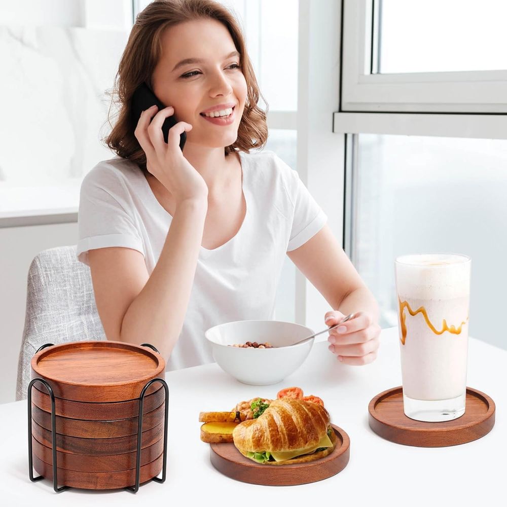 アカシア材コースター6枚セット（ホルダー付き）、家庭用または - Home Bar Set のレビューと価格