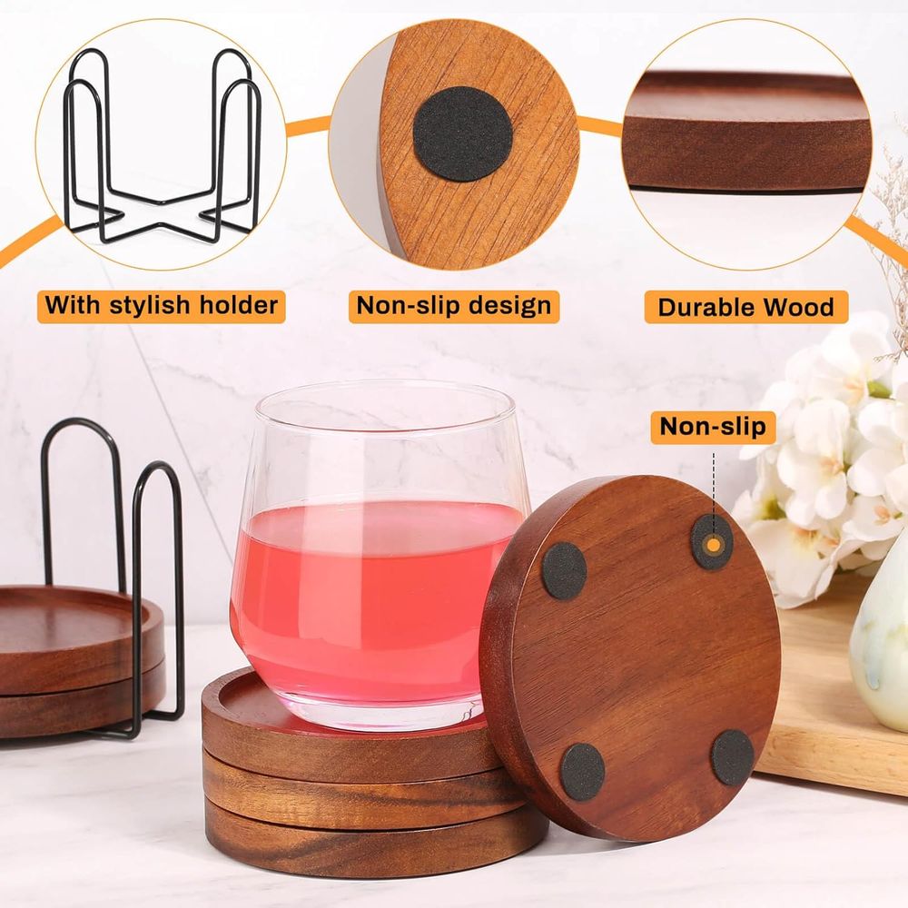 アカシア材コースター6枚セット（ホルダー付き）、家庭用または - Home Bar Set のレビューと価格