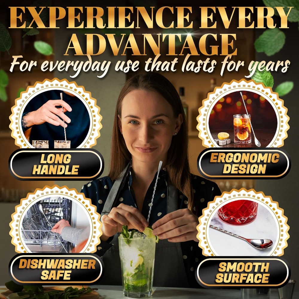 バースプーン4本セット、長さ12インチ、18/8ステンレスス - Bar Spoon Twisted のレビューと価格