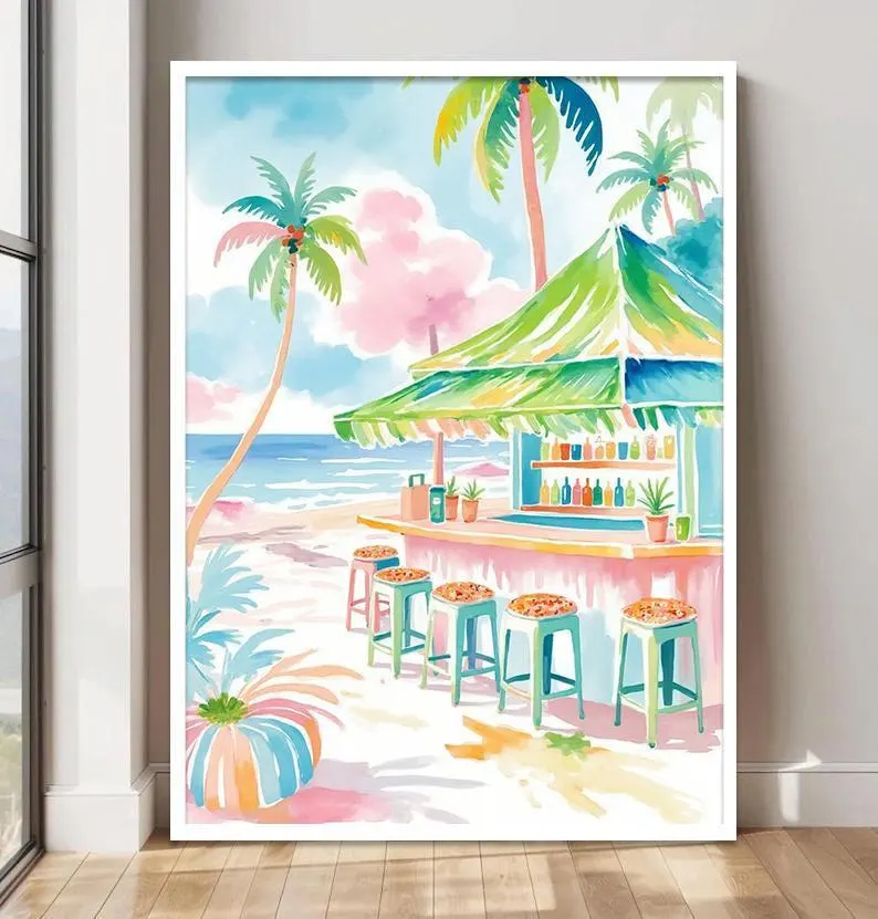 ボヘミアン風トロピカル水彩画ウォールアートセット、ヤシの木テ - Home Bar Set のレビューと価格