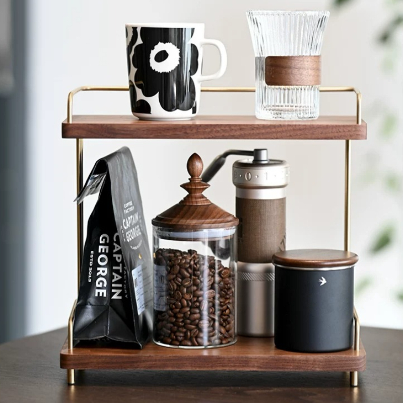 ブラックウォルナット製2層カップオーガナイザー、キッチンマグ - Home Bar Shelves のレビューと価格