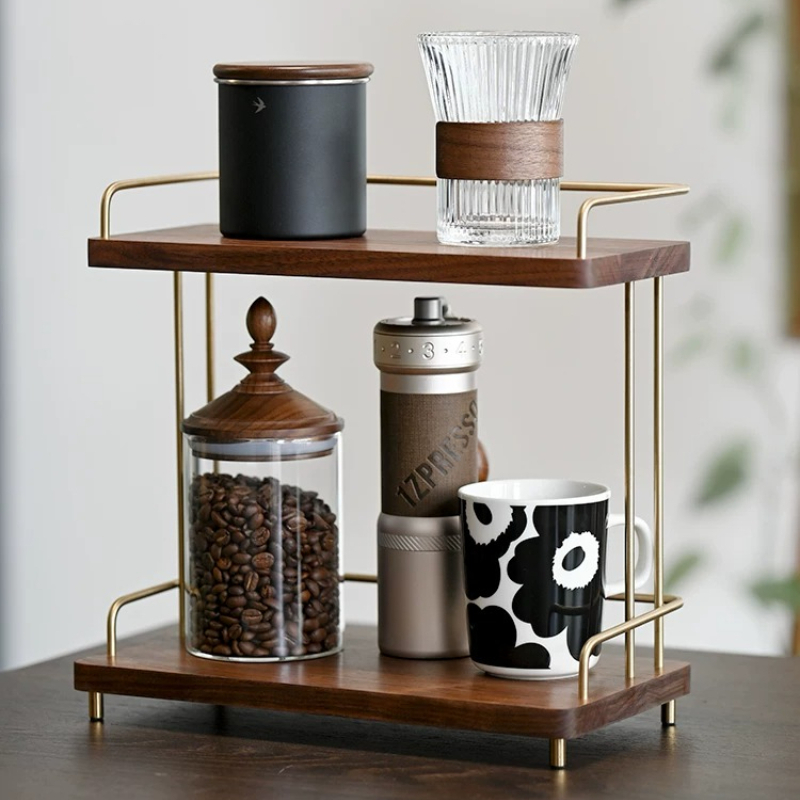 ブラックウォルナット製2層カップオーガナイザー、キッチンマグ - Home Bar Shelves のレビューと価格