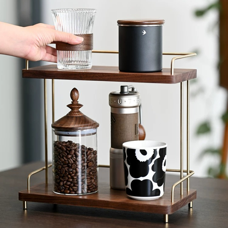 ブラックウォルナット製2層カップオーガナイザー、キッチンマグ - Home Bar Shelves のレビューと価格