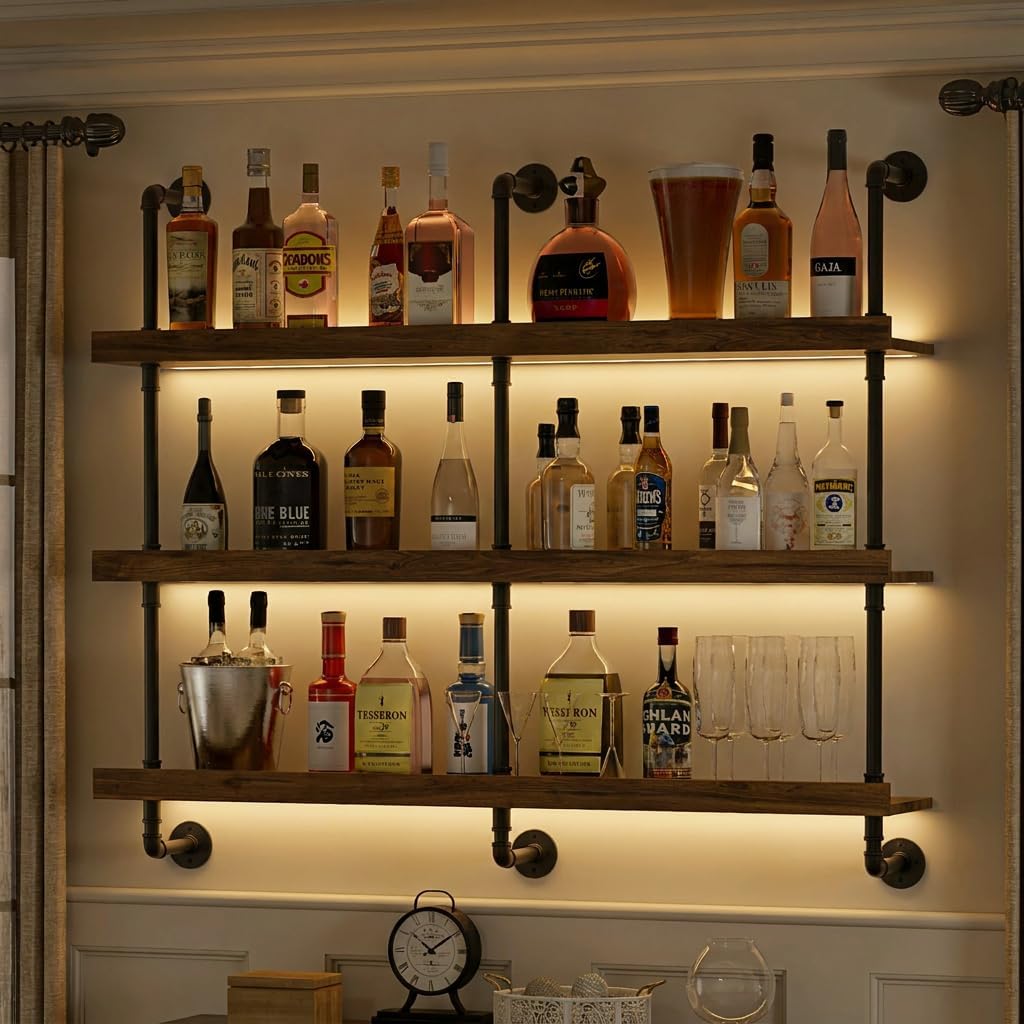壁掛けワインラック LEDライト付き 3段フローティングバー - Home Bar Shelf のレビューと価格