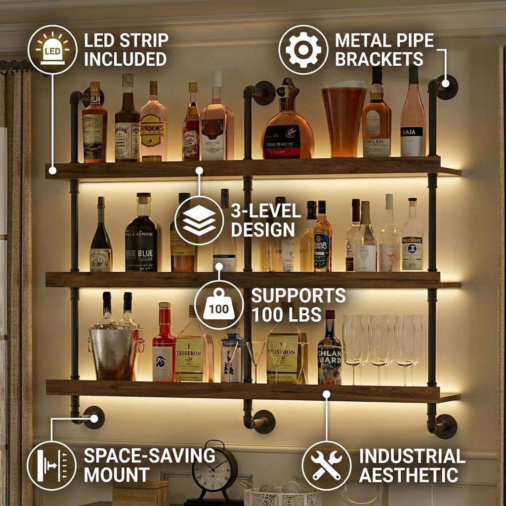 壁掛けワインラック LEDライト付き 3段フローティングバー - Home Bar Shelf のレビューと価格