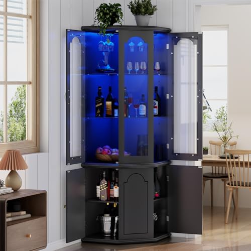 コーナーバーキャビネット（LEDライト付き）、強化ガラス扉と - Home Bar Shelves のレビューと価格