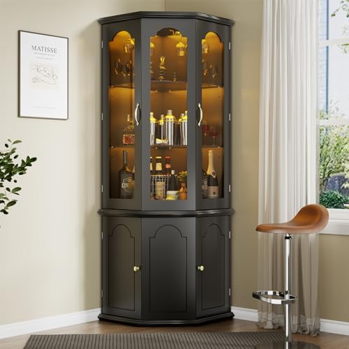コーナーバーキャビネット（LEDライト付き）、強化ガラス扉と - Home Bar Shelves のレビューと価格