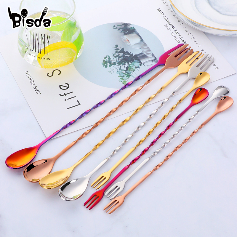 フォーク付きカクテルバースプーン、スウィズルステンレス鋼、長 - Bar Spoon Twisted のレビューと価格